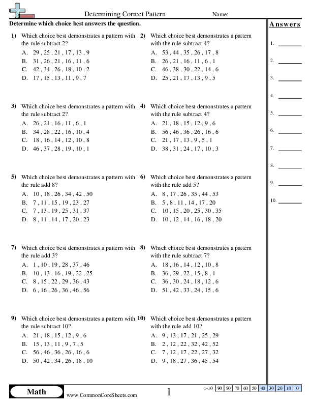Patterns & Function Machine Worksheets - Determining Correct Pattern (+ , - ) worksheet